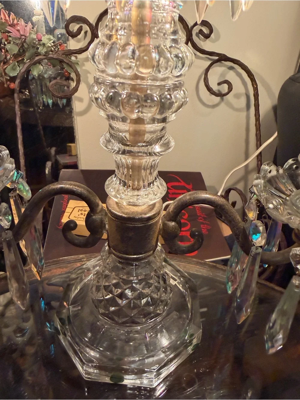 Antique Rare Aurora Borealis Crystal Dual Arm Candelabra Lamp Baccarat Style